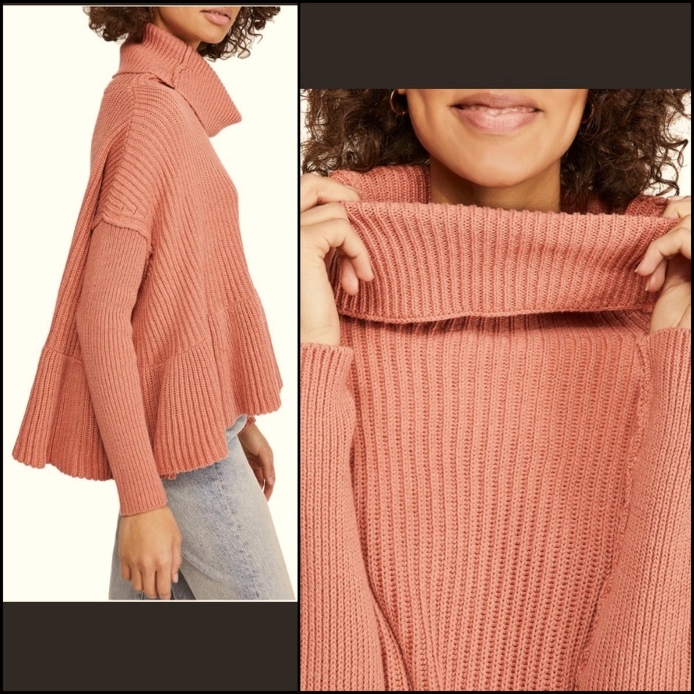 Free People Dusty Pink Ribbed Knit Ruffle Peplum Cowl Neck Turtleneck Sweater - Picture 5 of 8